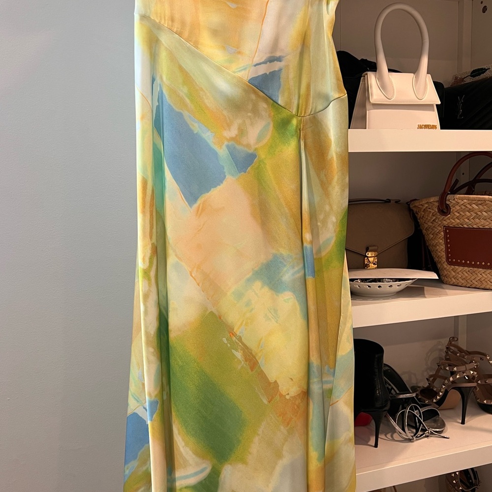 Zara Pastel Watercolor Asymmetrical Skirt in Yellow, Blue, Green